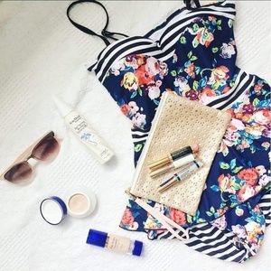 Cupshe peplum tankini, navy floral & stripes